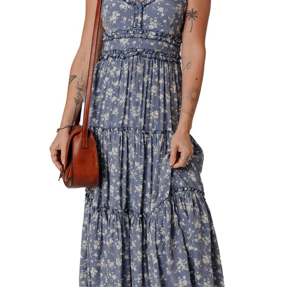 B266 Blue Floral Spaghetti Strap Frilled V Neck Tiered Midi Dress - Picture 7 of 16